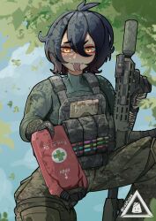  1girl absurdres ahoge ar-15 assault_rifle black_hair black_scales breasts bulletproof_vest camouflage chivalry_starved english_commentary evil_grin evil_smile fangs first_aid_kit grin gun hands_on_another's_head highres loafviee massage medium_breasts potion rifle short_hair slit_pupils smile snake_girl snake_tail tail tank_top watermark weapon woodland_camouflage xiang_(basedbinkie) yellow_eyes 