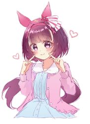  animal_ears blue_dress blush brown_hair casual closed_mouth dress ear_covers hair_ornament hairband heart highres horse_ears horse_girl horse_tail jacket long_sleeves morizu929 nishino_flower_(casual)_(umamusume) nishino_flower_(umamusume) pink_hairband pink_jacket pointing pointing_at_self short_hair simple_background smile tail umamusume violet_eyes white_background x_hair_ornament 
