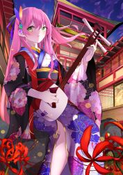  1girl aikawa_megumi alternate_costume alternate_hairstyle architecture bachi black_kimono blue_kimono comiket_106 commentary_request east_asian_architecture feather_hair_ornament feathers feet_out_of_frame floating_hair floral_print floral_print_kimono flower green_eyes hair_ornament half_updo haori heaven_burns_red highres holding holding_instrument holding_plectrum hydrangea_print instrument japanese_clothes kimono layered_kimono long_hair looking_at_viewer obi obiage obijime outdoors parted_lips pink_hair plectrum print_haori print_kimono red_flower sash shamisen sitting solo spider_lily tsukune2398 very_long_hair 