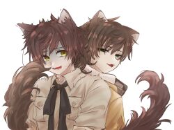  2boys animal_ears axis_powers_hetalia back-to-back brown_hair cat_boy cat_ears cat_tail green_eyes highres itaritaia kemonomimi_mode male_focus medium_hair mole mole_under_eye multiple_boys neck_ribbon open_mouth portugal_(hetalia) ribbon shirt short_hair simple_background spain_(hetalia) sweatdrop tail tongue tongue_out turn_pale upper_body white_background 