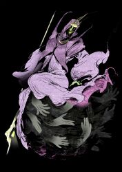  1girl absurdres black_background commentary crown crystal extra_arms fire flaming_eye full_body green_fire highres holding holding_staff mage_staff pcsghostsoul purple_robe queen_(slay_the_spire) robe slay_the_spire slay_the_spire_2 staff 