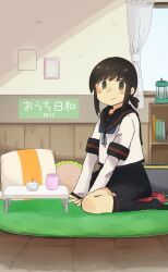  1girl absurdres abyssal_ship black_hair black_sailor_collar black_skirt black_socks blush candle commentary_request cup curtains enemy_lifebuoy_(kancolle) fubuki_(kancolle) fubuki_kai_ni_(kancolle) green_eyes highres kantai_collection kneehighs ma_rukan pillow pleated_skirt ponytail sailor_collar school_uniform serafuku short_hair short_ponytail short_sleeves skirt smile socks solo window 