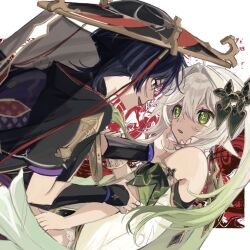  1boy 1girl arm_at_side armlet armor bag black_hair black_hat black_kimono black_sleeves bloomers blunt_ends border cape colored_tips commentary_request cross-shaped_pupils detached_sleeves dress dutch_angle eye_contact eyelashes eyeliner face-to-face fingernails genshin_impact gold gold_trim grabbing_another's_arm green_cape green_hair green_pupils green_sleeves grey_veil hair_between_eyes hair_intakes hair_ornament hand_on_another's_chin hand_up hat heart heart_hair_ornament highres japanese_armor japanese_clothes jewelry jingasa kimono kote kurokote layered_sleeves long_hair looking_at_another makeup multicolored_hair nahida_(genshin_impact) onigiri_po_0205 open_mouth pointy_ears pom_pom_(clothes) purple_bag purple_sleeves red_background red_eyeliner red_hat red_kimono scaramouche_(genshin_impact) short_dress short_sleeves side_ponytail sidelocks simple_background single_bare_shoulder single_sode sweatdrop symbol-shaped_pupils tareme tsurime two-sided_fabric veil violet_eyes white_background white_bloomers white_border white_dress white_hair 
