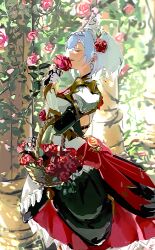  1girl absurdres armor armored_dress ascot basket blurry blurry_background boobplate braid braided_bangs breasts closed_eyes commentary commentary_request day dress flower from_side gauntlets genshin_impact grey_hair hair_flower hair_ornament highres holding holding_basket holding_flower maid maid_headdress mochi_upamo noelle_(genshin_impact) open_mouth outdoors profile red_ascot red_dress red_flower red_rose rose shield_hair_ornament short_hair shoulder_armor smile solo standing twitter_username watermark white_hair 