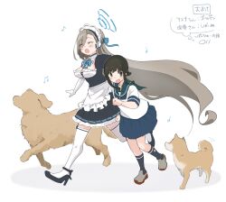  2girls apron asuna_(blue_archive) asymmetrical_bangs black_hair black_socks blonde_hair blue_archive blue_halo blue_ribbon blue_sailor_collar blue_skirt blush commission crossover dog fubuki_(kancolle) golden_retriever halo high_heels highres kantai_collection kneehighs long_hair low_ponytail ma_rukan maid multiple_girls musical_note neckerchief open_mouth ponytail ribbon sailor_collar school_uniform serafuku shiba_inu skirt smile socks thigh-highs translation_request very_long_hair white_thighhighs zettai_ryouiki 