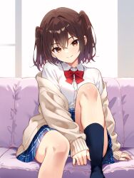  1girl alternate_costume black_socks blue_skirt bow bowtie brown_eyes brown_hair cardigan collared_shirt commentary couch dress dress_shirt grey_cardigan kantai_collection looking_at_viewer open_cardigan open_clothes plaid_clothes plaid_skirt pleated_dress pleated_skirt red_bow red_bowtie school_uniform sendai_(kancolle) shirt short_hair sitting skirt smile socks solo two_side_up white_shirt window yuzuttan 