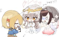  3girls :d black_hair blonde_hair blush bridal_veil bride charlotta_skopovskaya charlotta_skopovskaya_(innocent_nevesta) chibi chibi_only closed_eyes commentary_request dress full_body gold_tiara grey_hair hair_ornament hairclip hands_up heart heaven_burns_red holding holding_microphone kayamori_ruka korean_commentary li_yingxia long_hair looking_at_another microphone milchu multiple_girls musical_note nose_blush o_o official_alternate_costume open_mouth orange_eyes own_hands_together parallel_hairclips pink_dress ponytail profile shaded_face short_hair sidelocks simple_background sketch smile surprised sweatdrop tearing_up tiara translated v-shaped_eyebrows veil wavy_mouth wedding wedding_dress white_background white_dress wife_and_wife yuri 