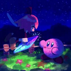  1girl blush_stickers colored_skin crystal crystal_shards fairy fairy_wings field flower flower_field grass highres kirby kirby_(series) kirby_64 night pink_hair pink_skin ribbon_(kirby) short_hair sky smile wings wuu211211 