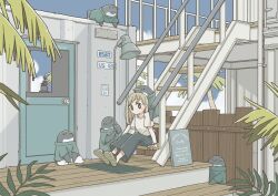  1girl animal bird black_eyes blonde_hair blue_sky bright_pupils cafe clothed_animal day door east_sha2 fence highres lamppost original outdoors palm_tree pants penguin railing sandals shirt short_sleeves sign sitting sitting_on_stairs sky solo stairs tree watch watch white_pupils white_shirt wooden_fence 