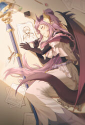  1girl absurdres black_gloves closed_eyes closed_mouth corset dragon_girl drawing_(object) dress elbow_gloves eraser feet_out_of_frame gloves hair_bun highres homare_(princess_connect!) horns inkwell long_hair lying on_side paper pencil pointy_ears princess_connect! purple_hair qianlilingjiang quill sidelocks smile staff tail white_dress wings yuuki_(princess_connect!) 