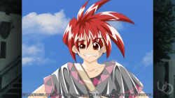  1boy 2000s_(style) anime_coloring atelier-moo belt clenched_teeth collarbone fangs game_cg grey_shirt hair_between_eyes half-closed_eye large_variant_set non-web_source official_art pete_ross red_eyes red_hair scared shirt short_hair short_sleeves solo spiky_hair standing t-shirt tearing_up tears teeth upper_body variant_set wavy_mouth yuukyuu_gensoukyoku 