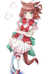  1girl absurdres ahoge animal_ears becherry blush bow breasts brown_hair closed_mouth commentary_request crossed_arms green_eyes hair_between_eyes hair_ornament highres horse_ears horse_girl horse_tail jacket looking_at_viewer medium_hair pink_jacket pout puff_of_air red_bow red_vest rhein_kraft_(dream_successor)_(umamusume) rhein_kraft_(umamusume) ribbon shirt short_sleeves simple_background skirt solo star_(symbol) star_hair_ornament tail thigh-highs umamusume vest white_background white_thighhighs 