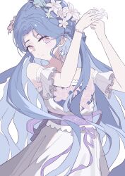  1girl absurdres bead_bracelet beads blue_hair bow bow_earrings bracelet closed_mouth collarbone cowboy_shot curtained_hair detached_sleeves dot_nose dress earrings eyelashes floral_print flower flower_bracelet flower_earrings hair_flower hair_ornament happy head_tilt highres holding holding_flower infinity_nikki jewelry lace-trimmed_dress lace-trimmed_sleeves lace_trim light_smile lily_(flower) long_hair long_sidelocks looking_at_viewer mist_singer_(infinity_nikk) nikki_(series) pink_bow pleated_sleeves print_dress purple_ribbon ribbon short_sleeves sidelocks simple_background so_ni_ni solo strapless strapless_dress striped_ribbon very_long_hair violet_eyes waist_ribbon wavy_hair white_background white_dress white_flower white_sleeves 