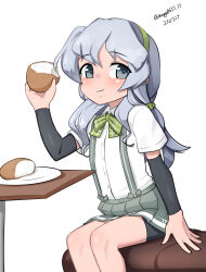  1girl absurdres arm_warmers bike_shorts bike_shorts_under_skirt bow bowtie bread collared_shirt commentary_request dated dress_shirt feet_out_of_frame food green_bow green_bowtie green_hairband grey_eyes grey_hair grey_skirt hairband highres kantai_collection long_hair maru_(marg0613) one-hour_drawing_challenge plaid_bow plaid_bowtie plaid_clothes pleated_skirt shirt shorts shorts_under_skirt simple_background sitting skirt smile solo suspender_skirt suspenders table twitter_username wavy_hair white_background white_shirt yamagumo_(kancolle) 