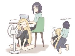  ahoge anger_vein auklet5580 barefoot black_hair black_shirt blonde_hair chair cho_kaguya-hime! closed_eyes commentary_request computer electric_fan green_shirt highres indian_style kaguya_(cho_kaguya-hime!) laptop long_hair looking_at_another medium_hair mole mole_under_eye open_mouth pink_shorts sakayori_iroha shirt shorts sitting translation_request white_background 