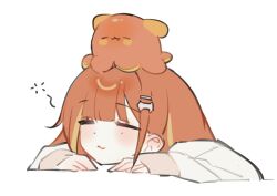  1girl akane_lize blush closed_eyes closed_mouth commentary creature_on_head cropped_shoulders dot_nose heasa long_hair long_sleeves mole mole_under_eye multicolored_hair pienna_(akane_lize) red_hair simple_background sleeping solo stellive straight_hair streaked_hair virtual_youtuber white_background white_sleeves 