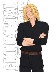  1boy aged_up ahoge belt belt_buckle black_pants black_shirt blonde_hair brown_belt buckle commentary copyright_name cowboy_shot crossed_arms edward_elric english_commentary frown fullmetal_alchemist highres isatpanart long_hair male_focus pants shirt solo split_mouth yellow_eyes 