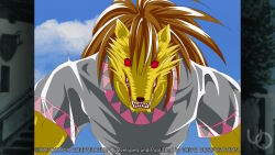  1boy 2000s_(style) animal_ears animal_nose anime_coloring atelier-moo brown_hair fang furry furry_male game_cg grey_shirt long_hair muscular muscular_male non-web_source official_art pete_ross_(wolf_form) red_eyes shirt short_sleeves solo standing t-shirt upper_body variant_set werewolf wolf_boy wolf_ears yuukyuu_gensoukyoku 