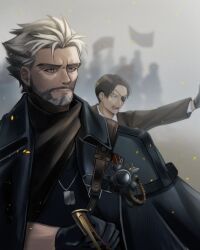  2boys adoptive_parent_and_adoptive_child badge beard black_coat black_neckerchief black_shirt blue_eyes blue_gloves brown_jacket coat coat_on_shoulders commentary_request eyepatch facial_hair father_and_child gloves grey_sky highres igor_(reverse:1999) jacket looking_to_the_side male_focus mature_male milmil7 multiple_boys neckerchief old old_man one_eye_covered open_mouth parent_and_child ptolemy_(reverse:1999) reverse:1999 scar scar_across_eyebrow scar_on_face shirt short_hair sky upper_body white_hair 