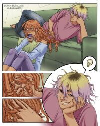  1boy 1girl blonde_hair blue_sweater cellphone commentary couch curly_hair english_commentary gradient_hair hand_in_another's_hair highres holding holding_phone holding_pillow humanization jax_(the_amazing_digital_circus) light_bulb long_hair lying marmela877 multicolored_hair on_couch on_side phone pillow pink_shirt purple_hair ragatha_(the_amazing_digital_circus) red_hair roots_(hair) shirt short_hair smartphone smile spoken_light_bulb sweater the_amazing_digital_circus tumblr_username twitter_username 