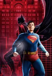  2boys absurdres bat_mask batman batman_(series) batman_symbol belt blue_bodysuit bodysuit cape commentary dc_comics english_commentary highres kwokzisong male_focus multiple_boys red_cape robert_pattinson superhero_costume superman superman_(2025) superman_(series) superman_logo the_batman_(2022) utility_belt 