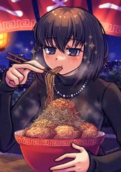  +_+ 1girl absurdres black_hair black_sweater blush bowl chopsticks commentary_request food hair_between_eyes highres holding holding_bowl holding_chopsticks isurugiratone jewelry kuonji_alice long_sleeves mahou_tsukai_no_yoru medium_hair necklace noodles ramen solo sweater violet_eyes 