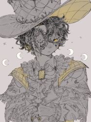  1girl asymmetrical_bangs black_hair braid braided_sidelock brooch commentary crescent_moon facial_mark hat highres jewelry large_hat moon multiple_rings naru050319 one_eye_closed original parted_bangs ring shirt short_hair simple_background single_sidelock white_shirt yellow_eyes 