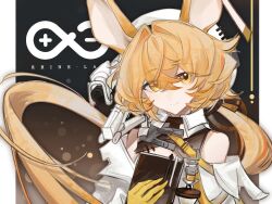  1girl 8514381842 absurdres animal_ears arknights bare_shoulders blonde_hair book border brown_background chinese_commentary commentary_request dorothy_(arknights) dot_nose dress eyes_visible_through_hair floating_hair gloves gradient_background grey_background hair_intakes hat highres holding holding_book long_hair looking_at_viewer mouse_ears mouse_girl off_shoulder outside_border pen pillarboxed rhine_lab_logo smile solo upper_body white_border white_dress white_hat yellow_eyes yellow_gloves 