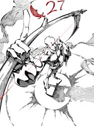  1boy bald bygone_effigy crack dynamic_pose from_above gameplay_mechanics glowing glowing_eye greyscale highres holding holding_scythe holding_weapon loincloth monochrome muscular muscular_male red_eyes scythe slay_the_spire slay_the_spire_2 solo spot_color standing statue user_vgxp2254 weapon 