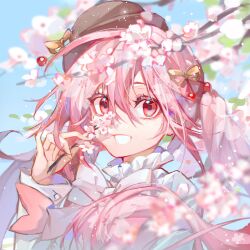  1girl beret blush bow close-up commentary_request earrings falling_petals flower flower_earrings grey_hat grey_jacket hair_between_eyes hat hatsune_miku highres holding holding_flower jacket jewelry long_hair long_sleeves looking_at_viewer official_alternate_costume official_alternate_hairstyle open_mouth petals pink_eyes pink_flower pink_hair pink_petals portrait sakura_miku sakura_miku_(rella) smile solo twintails very_long_hair vocaloid white_bow wutiao 
