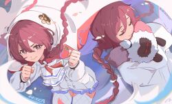  1girl absurdres amayui_moka amayui_moka_(1st_costume) ascot braid clenched_hands cloak closed_eyes double-parted_bangs hair_between_eyes highres hood hooded_cloak leaning_forward long_sleeves looking_at_viewer low_twin_braids pink_eyes pink_hair simuyutou solo twin_braids virtual_youtuber vspo! 