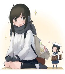  2girls backpack bag black_gloves black_hair black_scarf black_socks blue_sailor_collar blue_skirt blush closed_mouth commentary_request fairy_(kancolle) fringe_trim fubuki_(kancolle) gloves green_eyes hat highres jacket kantai_collection kneehighs long_sleeves ma_rukan multiple_girls open_mouth pleated_skirt ponytail sailor_collar sailor_hat scarf school_uniform serafuku short_hair short_ponytail signature skirt smile socks sparkle white_hat white_jacket 