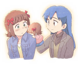  2girls amami_haruka blue_hair blue_jacket bow brown_eyes brown_hair brown_jacket character_puppet closed_mouth collared_jacket commentary_request cropped_torso green_eyes hair_bow hand_puppet idolmaster idolmaster_(classic) jacket kisaragi_chihaya lapels long_hair multiple_girls multiple_hair_bows notched_lapels puppet red_bow short_hair tears tsubobot 