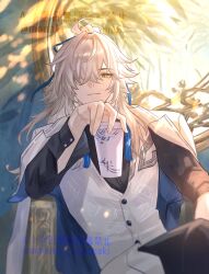  1boy architecture black_choker black_pants black_shirt blue_ribbon choker coat cup east_asian_architecture hair_over_one_eye hair_ribbon high_ponytail highres holding holding_cup honkai:_star_rail honkai_(series) jacket jacket_on_shoulders jing_yuan jing_yuan_(chapanda) long_hair long_sleeves looking_at_viewer male_focus mole mole_under_eye official_alternate_costume pants ponytail ribbon shirt sitting solo tanemaki_monaka tassel vest watermark white_hair white_jacket white_vest yellow_eyes 