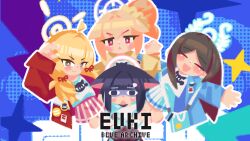  4girls absurdres after-school_sweets_club_(blue_archive) airi_(band)_(blue_archive) airi_(blue_archive) black_hair blonde_hair blue_archive blue_background blue_jacket blush brown_hair chibi closed_eyes clothes_around_waist euki_(eukicat) green_halo group_pose halo highres jacket jacket_around_waist kazusa_(band)_(blue_archive) kazusa_(blue_archive) light_smile loafers multiple_girls natsu_(band)_(blue_archive) natsu_(blue_archive) pain pink_hair pink_halo red_jacket shoes smile star_(symbol) triangle_mouth yellow_halo yellow_jacket yoshimi_(band)_(blue_archive) yoshimi_(blue_archive) 