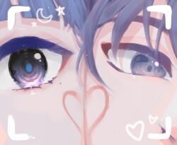  1boy 1girl black_eyes blue_hair blue_pupils blunt_bangs character_name cheek-to-cheek choppy_bangs colored_eyelashes crescent eye_focus eyeliner facial_mark genshin_impact grey_eyes grey_hair heads_together heart heart_facial_mark kamisato_ayaka looking_at_viewer lrw_lrw makeup mole mole_under_eye purikura red_eyeliner scaramouche_(genshin_impact) star_(symbol) tsurime viewfinder 