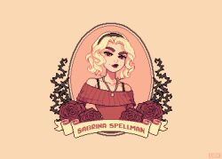  1girl artist_name black_hairband blonde_hair bra_strap brown_eyes brown_lips character_name chilling_adventures_of_sabrina commentary flower hairband jewelry necklace off-shoulder_shirt off_shoulder pixel_art plant raised_eyebrow red_flower red_rose rose sabrina_spellman sabrina_the_teenage_witch shirt smile solo thick_eyebrows thisislux thorns upper_body vines 