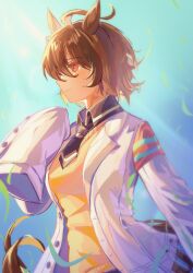  1girl absurdres agnes_tachyon_(tach-nology)_(umamusume) agnes_tachyon_(umamusume) ahoge animal_ears black_necktie blush breasts brown_hair camellia_(camel_mal) chemical_structure closed_mouth coat cork earrings hair_between_eyes highres horse_ears horse_girl horse_tail jewelry lab_coat long_sleeves necktie red_eyes shirt short_necktie single_earring sleeves_past_fingers sleeves_past_wrists smile solo sweater sweater_vest tail test_tube umamusume upper_body white_coat yellow_sweater yellow_sweater_vest 