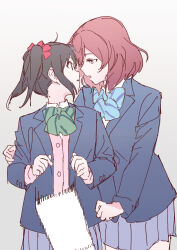  2girls absurdres black_hair blazer blue_bow blue_bowtie blue_jacket blue_skirt bow bowtie cardigan commentary_request cowboy_shot diagonal-striped_bow diagonal-striped_bowtie diagonal-striped_clothes dropping eye_contact face-to-face green_bow green_bowtie hair_bow highres inazuma_(elect_line) jacket looking_at_another love_live! love_live!_school_idol_project medium_hair miniskirt multiple_girls nishikino_maki open_clothes open_jacket open_mouth otonokizaka_school_uniform parted_lips pink_cardigan pleated_skirt red_bow red_eyes red_hair school_uniform simple_background skirt striped_bow striped_bowtie striped_clothes twintails violet_eyes white_background yazawa_nico yuri 