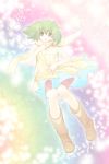  boots dress finger_to_mouth floating green_hair highres kasuga_hamui macross macross_frontier rainbow_background ranka_lee red_eyes scarf short_hair smile solo 