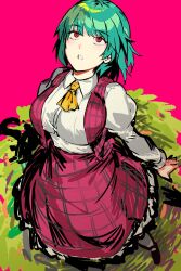  1girl :o ascot breasts collared_shirt dress_shirt frilled_skirt frills green_hair highres kazami_yuuka large_breasts long_skirt long_sleeves medium_hair open_mouth pink_background plaid_clothes plaid_skirt plaid_vest quatro10257041 red_eyes red_skirt red_vest shirt shirt_tucked_in shoes skirt solo standing touhou vest white_shirt yellow_ascot 