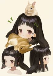  1girl animal animal_ears black_hair commentary_request doubutsunoujyou highres multiple_views original rabbit rabbit_ears rabbit_girl simple_background 