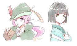 2girls aiming alternate_costume anyoji_hime arrow_(projectile) black_hair blonde_hair blue_eyes blunt_bangs blunt_ends bob_cut brown_gloves carrying_over_shoulder commentary_request cropped_shoulders feathers gloves gradient_hair green_eyes green_hat hasunosora_fantasy hat hat_feather link!_like!_love_live! love_live! low_ponytail momose_ginko mouth_hold multicolored_hair multiple_girls over_shoulder pink_hair ponytail red_feathers renwo. shirt short_hair stalk_in_mouth weapon weapon_over_shoulder white_shirt 