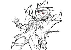  1girl :d akatsuki_kirika bob_cut bracer clothing_cutout commentary_request double-parted_bangs evil_smile fingerless_gloves gloves greyscale hatching_(texture) headgear highres holding holding_weapon kyomeihibiki linear_hatching looking_at_viewer monochrome navel navel_cutout open_mouth red_eyes senki_zesshou_symphogear short_hair signature simple_background sketch smile solo spot_color twitter_username upper_body weapon white_background 