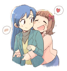  2girls :d amami_haruka blue_hair brown_hair closed_eyes closed_mouth commentary_request cropped_torso green_jacket heart hug hug_from_behind idolmaster idolmaster_(classic) jacket kisaragi_chihaya lapels long_hair long_sleeves looking_back multiple_girls notched_lapels open_clothes open_jacket open_mouth pink_jacket raised_inner_eyebrows short_hair simple_background smile spoken_blush spoken_heart tsubobot turning_head white_background 