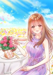  1girl animification bare_shoulders brown_eyes brown_hair cake cake_slice chair commentary_request cowboy_shot cup date_pun dress field flower flower_basket flower_field food fork hanamiya_nina highres holding holding_cup long_hair looking_at_viewer lower_teeth_only meiji_(mosamoo3) mole mole_under_eye number_pun on_chair open_mouth outdoors pink_flower pink_rose purple_dress real_life rose round_table sitting sleeveless sleeveless_dress solo table table_knife teacup teeth twitter_username voice_actor 