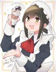  1boy 1girl absurdres admiral_(kancolle) alternate_costume apron black_dress black_hair blush commentary_request dress enmaided fubuki_(kancolle) green_eyes hat highres juliet_sleeves kantai_collection long_sleeves ma_rukan maid maid_apron maid_day mob_cap open_mouth peaked_cap ponytail puffy_sleeves restrained rope short_hair short_ponytail signature smile white_apron white_hat 