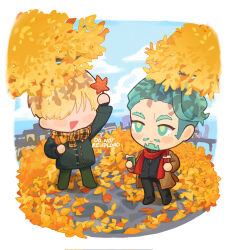  2boys :d alternate_costume autumn autumn_leaves black_pants blonde_hair border brown_coat challia_bull char_aznable chibi closed_mouth clouds coat commentary_request cup day examorhca green_coat green_eyes green_hair green_pants green_pupils grey_shirt gundam gundam_gquuuuuux hair_over_eyes highres holding holding_cup holding_leaf leaf male_focus maple_leaf multiple_boys open_clothes open_coat open_mouth orange_scarf outdoors pants plaid_clothes plaid_scarf red_scarf scarf shirouzu_(gundam) shirt smile thick_eyebrows turtleneck white_border wrinkled_skin 