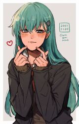  1girl aqua_hair blazer blue_eyes blush dated hair_between_eyes hair_ornament hairclip heart highres jacket kantai_collection long_hair long_sleeves looking_at_viewer one-hour_drawing_challenge pointing pointing_at_self school_uniform simple_background solo sumoffu suzuya_(kancolle) twitter_username upper_body 
