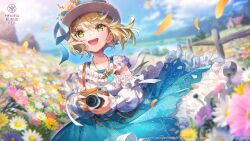  1girl :d blonde_hair blue_skirt blue_sky blurry blurry_background camera casual copyright_name copyright_notice cowboy_shot day depth_of_field eyes_visible_through_hair falling_petals field floating_clothes floating_hair floral_print floral_print_skirt flower flower_field frilled_shirt frilled_skirt frills green_eyes hair_between_eyes hair_ornament hairclip happy hat hat_flower heaven_burns_red high-waist_skirt highres holding holding_camera irene_redmayne irene_redmayne_(where_the_breeze's_song_leads) jewelry long_skirt long_sleeves looking_at_viewer necklace off-shoulder_shirt off_shoulder official_alternate_costume official_art official_wallpaper open_mouth outdoors petals pink_flower print_skirt shirt short_hair skirt sky smile solo sun_hat teeth upper_teeth_only white_flower white_shirt wind yellow_flower 
